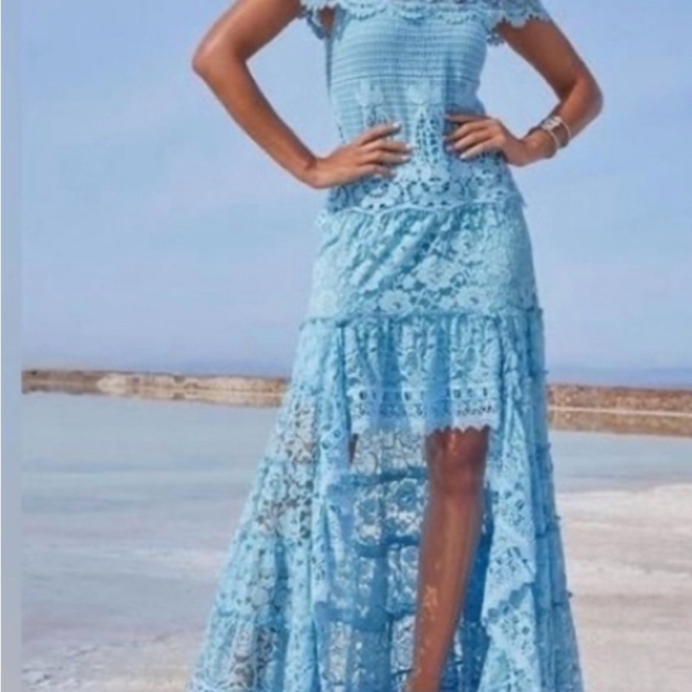 Boston Proper Sky Blue Lace High-Low Maxi Dress